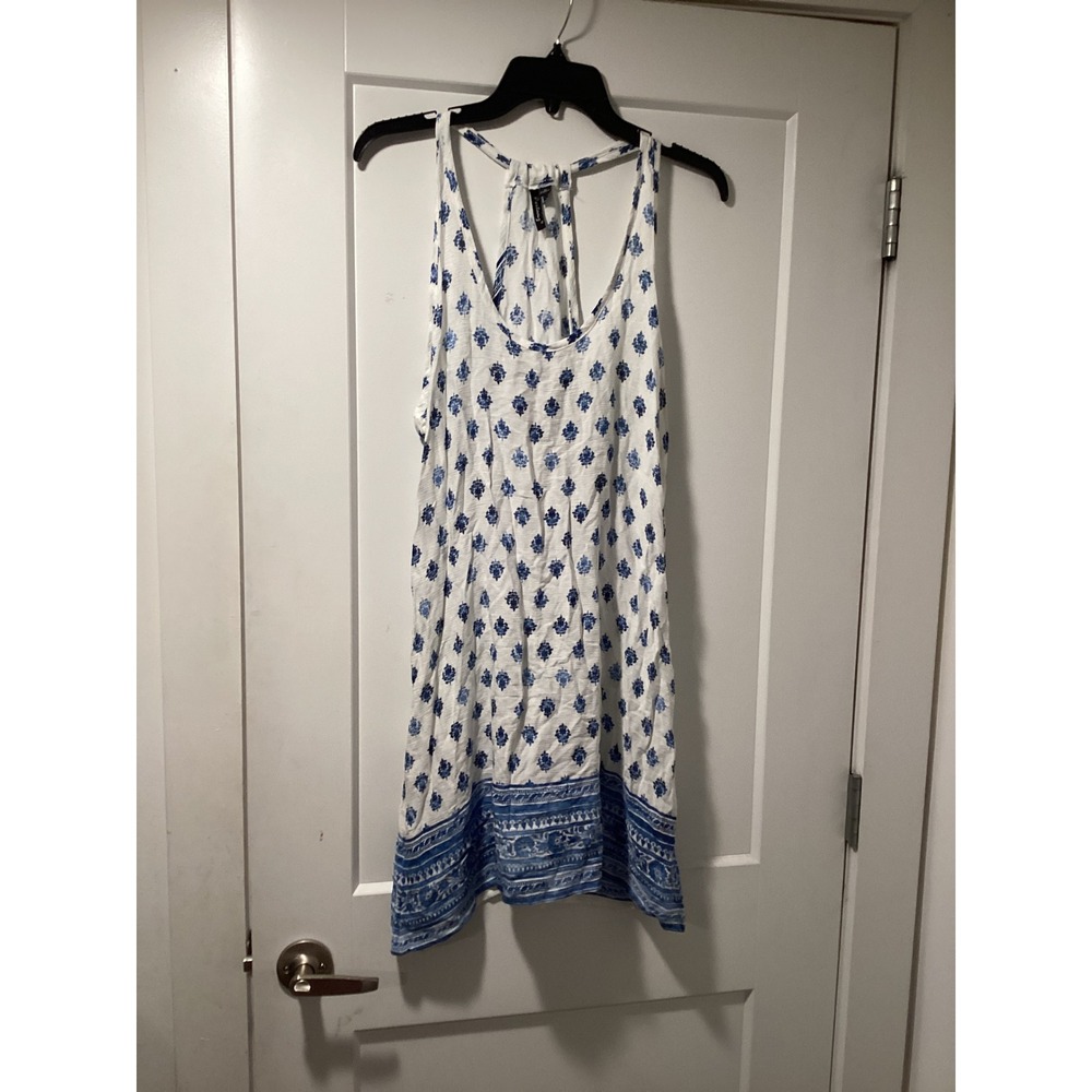 Portocruz Blue White Block Print Racerback Mini Dress Rayon Medium 632223